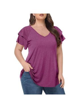 Womens Summer Top Ruffle Short Sleeve V-Neck T-Shirts Size M